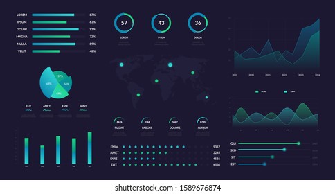 Futuristic business ui infographic. Modern financial graph charts, vector marketing line analytics crypto currency prices bar analysis diagram set. Histogram info graph grid or economy data