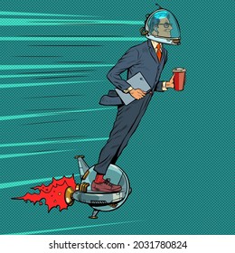 Futuristic businessman astronaut is flying on an electric unicycle, a man is drinking morning coffee