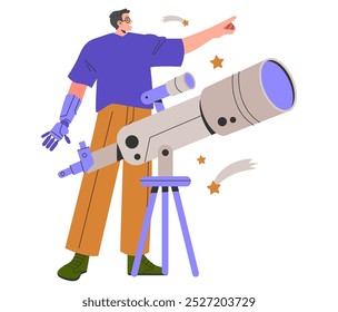 Concepto de hombre de negocios futurista. Un profesional con un brazo robótico opera un telescopio, simbolizando la visión y la innovación. Explorar más allá de los límites en los negocios y la tecnología. Ilustración vectorial.