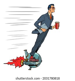 A futuristic businessman rides an electric unicycle, a man drinks morning coffee. Isolate on a white background