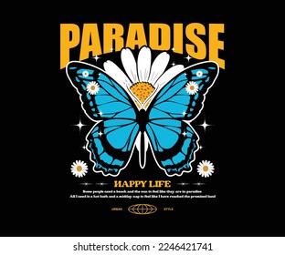 Futuristic Butterfly with daisy flower  for Illustration t shirt design, vector graphic, typographic poster or tshirts street wear and urban style