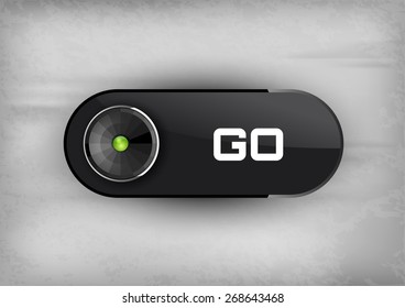 Futuristic buttons GO with green diod. Vector icons.