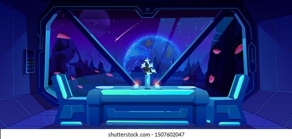 Futuristic cafe with spaceship view on Earth at night from alien planet. Served table and chairs stand at shuttle window with fantasy landscape, neon space background. Cartoon vector illustration