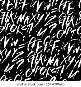 Futuristic Calligraphy Alphabetic Seamless Pattern. Black and White colors. Latin Alphabet Letters Handpainted by Colapen and Drawing Pen Equipment. Blackboard with Chalk for Poster and Prints Design