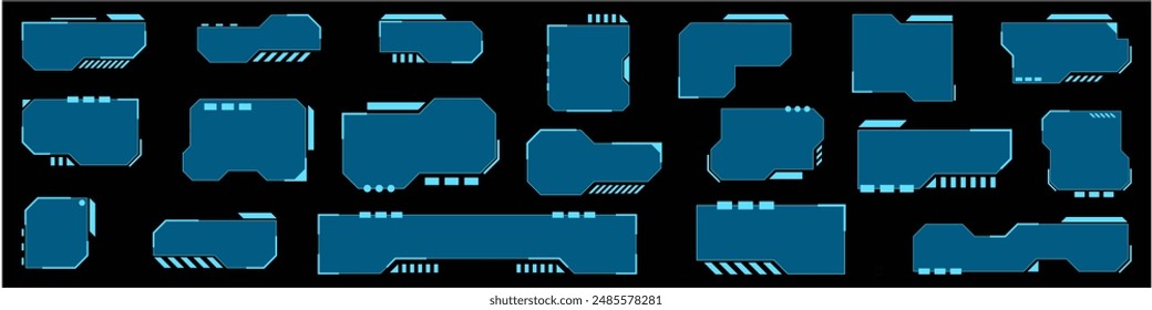 Futuristic callout cyber frames. Holographic sci fi HUD square screen high tech, callout, title and radar. Digital info box and sci fi UI panel. UI, UX Futuristic