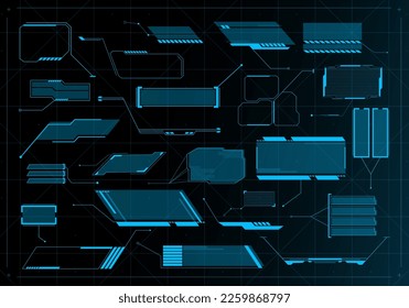 Futuristic callout title banners. Digital frame boxes, cyberpunk style description background and cyber tech HUD info screen pop-up bar vector set. Technological textbooks for communication