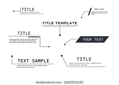 Caixas de texto de título de texto explicativo futurista e elementos HUD para infográficos técnicos, apresentações comerciais ou design de GUI. Layout de vetor com setas, barras e rótulos.