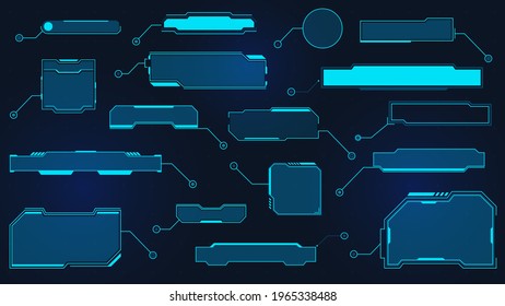 Futuristic callout titles. Virtual sci fi textbox for HUD. Tech hologram data frames. Cyber UI callouts. Digital layout element vector set. Information call box bars and modern info