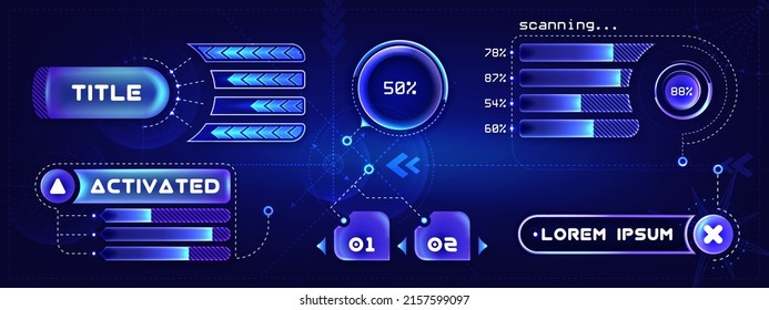 Futuristic callouts titles. Abstract hud frame screen, button, loading, text, callout bar labels and information box bars. Sci-fi modern technology borders for game, ui graphic design or gui elements.