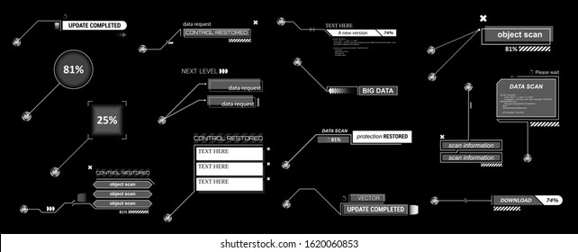 Futuristic Callouts titles collection in HUD style. Futuristic User Interface elements. Tech callout bar labels, information call box bars and modern digital info boxes layout templates. Vector HUD UI