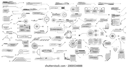 Futuristic Callouts titles collection in HUD style. Interface elements HUD, UI, GUI, FUI. Tech callout bar labels, information call box bars and modern digital info boxes layout templates. Vector