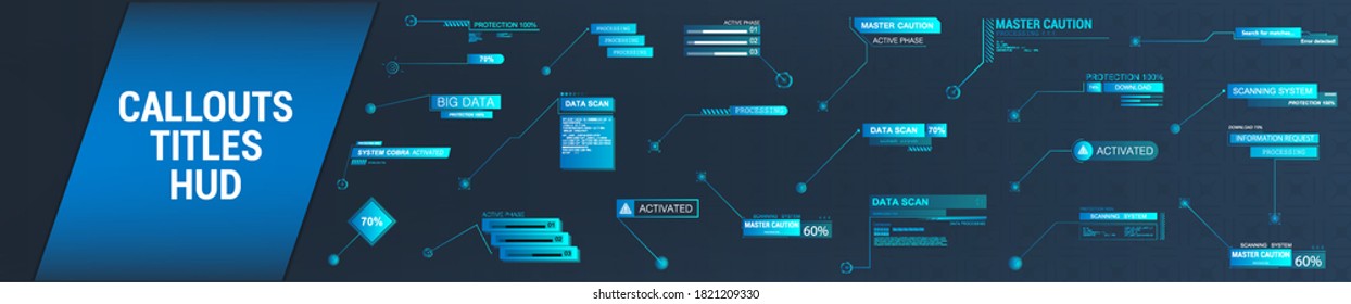 Futuristic Callouts titles in HUD style. Template Callout bar labels box in digital style. Futuristic User Interface boxes layout template. Callouts titles for information. Vector colorful set HUD