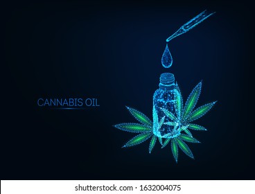 Futuristic cannabidiol, hemp oil extract concept with glowing low polygonal bottle, drop, pipette and cannabis leaves on dark blue background. Modern wire frame mesh design vector illustration. 