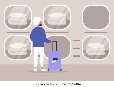 Futuristic capsule hotel interior, personal sleeping pods, young indian male tourist holding a suitcase