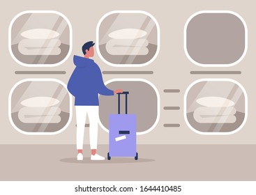 Futuristic capsule hotel interior, personal sleeping pods, young male tourist holding a suitcase