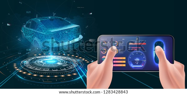 Futuristic car cockpit and touch screen.\
Autonomous car. Driverless vehicle. HUD(Head up display).\
GUI(Graphical User\
Interface)