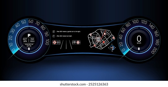 Painel de controle de carro futurista exibir mostrando navegação e métricas de velocidade em um ambiente elegante e escuro.