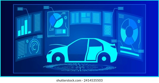 Futuristic car diagnostics with holographic displays and graphs. High-tech vehicle analysis and maintenance concept vector illustration.