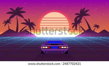 Futuristic car drive through neon abstract cyberspace.Retrowave background,80s Retro video racing game concept.