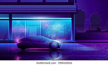 Futuristic Car Drives Through The Night City On Cafe Background. Neon Rainy Street Illustration.