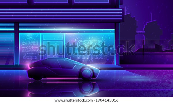 Futuristic car drives through the\
night city on cafe background. Neon rainy street\
illustration.