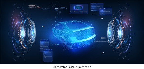 Futuristic car for game or video concept design.  Computer games concept. HUD UI. Abstract virtual graphic touch user interface.Virtual graphical interface UI HUD Autoscann. A hologram of a car in 3D