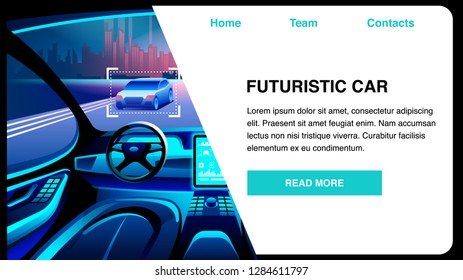 Futuristic Car Innovation. Flat Vector Illustration. Cockpit of Autonomous Transport. Self Driving Vehicle. Artificial Intelligence on the Road. Clean Site with Interface Car Elements.