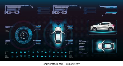 Futuristic Car Interface. Car With Navigation Bar In HUD, GUI, UI Style. Smart Car Control Options And Settings. Navigation Bar