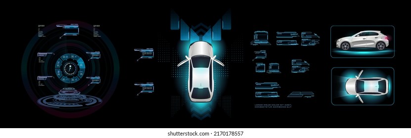 Futuristic car interface. Car with navigation pad on HUD digital holographic screen. Smart car control settings. Vehicle system with electronic digital navigation panel