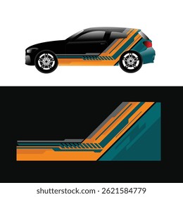 Futuristic car livery design template with orange, teal, and dark gray abstract lines. Ideal for racing car wrap, vehicle decal, and automotive branding.