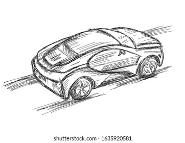 Futuristic Car on the Road moving fast - Vector Illustration