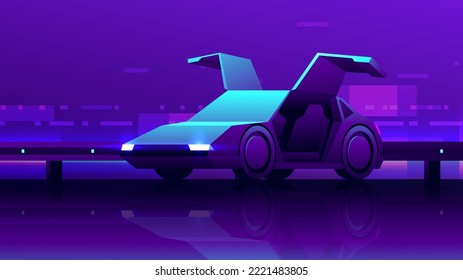 Futuristic car with open doors stands on the roadside on a night modern city background.