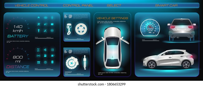 Futuristic Car Service, Scan, Diagnose And Analyze Vehicle Data. Electronic Touch Panel For Electric Vehicle Control. Car Dashboard. Conceptual Touchscreen Car Service With HUD, GUI, UI Elements