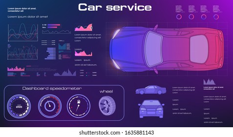 Futuristic car service, scanning and auto data analysis, diagnostic auto. Concept for driver assistance systems. App in the style of HUD condition of car