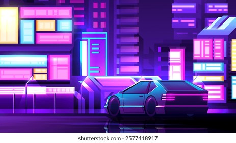 Futuristic car side view stands on night city street illuminated with neon signs scene.