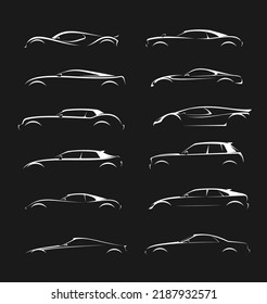 Futuristic car silhouettes, supercar vehicle or future automobile vector icons. Supercar or sportcar and futuristic car symbols of automotive technology transport or car racing