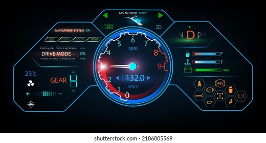 Concepto del tablero de mandos de velocidad de automóviles futurista y diseño del vector de logotipo