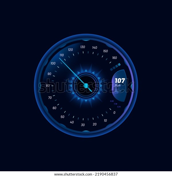 Futuristic car speedometer gauge blue dial.\
Vehicle tachometer, automobile dashboard futuristic speed meter\
vector scale with MPH info, glowing arrow. Speedometer digital\
display, odometer\
indicator