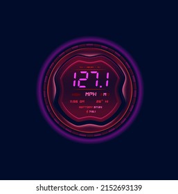 Futuristic car speedometer gauge dial. Neon led speed meter. Vehicle speedometer vector display, automobile odometer digital screen, motorbike dashboard future circle panel with battery charge level