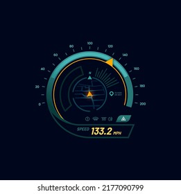 Futuristic car speedometer gauge dial with navigation map. Automobile speed meter futuristic vector display with navigation route pointer. Vehicle tachometer indicator or car speedometer digital gauge