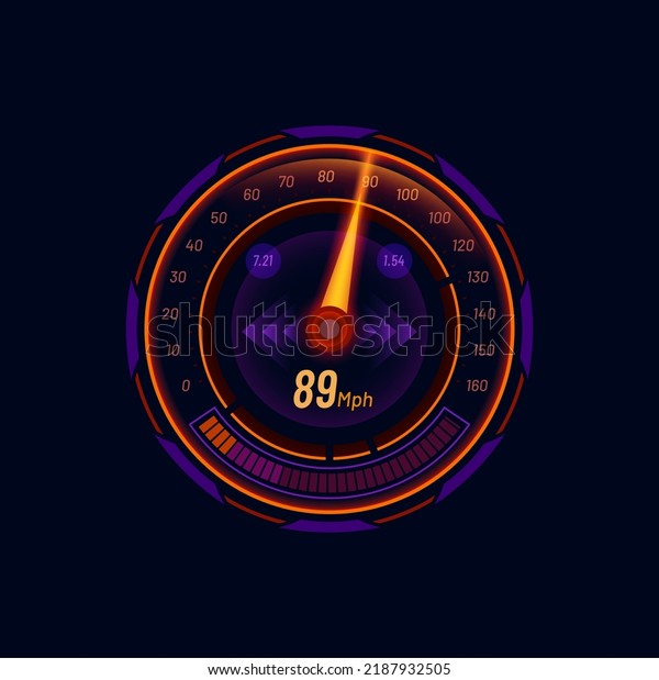 futuristic car speedometer gauge dial with MPH\
scale and arrow. Modern vehicle dashboard speed meter vector led\
indicator. Automobile digital tachometer, car speedometer\
futuristic neon\
display