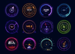Futuristic Car Speedometer Gauge And Internet Speed Test Meters, Vector Neon Led Dials. Car Dashboard Speedometers With Mph And Kph Gauge Arrow, Internet Download, Upload And Ping Test Indicators