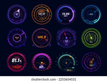 Futuristic car speedometer gauge and internet speed test meters, vector neon led dials. Car dashboard speedometers with mph and kph gauge arrow, internet download, upload and ping test indicators