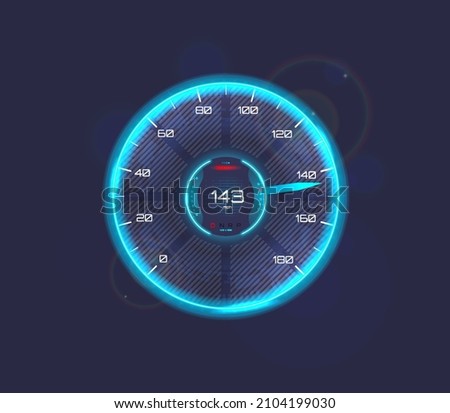 Futuristic car speedometer with Neon. Auto dashboard design, speedometer and tachometer for car with speed in miles (mph) and transfer. HUD dashboard for Hi-tech motorcycles and cars. Vector