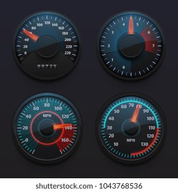 Futuristic car speedometers, speed indicators with pointer for vehicle dashboard isolated vector set. Illustration of speedometer on dashboard, speed measurement pointer