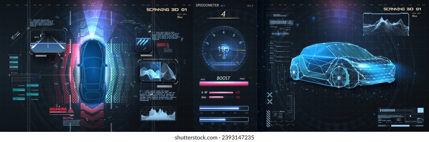 Interfaz de tecnología de automóviles futurista con análisis 3D y de vehículos. Interfaz de Vehículo Futurista y Tecnología de Análisis de Coches Holográficos en estilo hud. Sistema de frenado automático.  