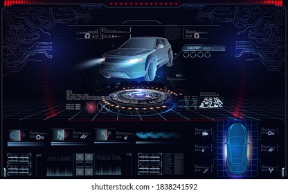 Futuristic car user interface. Hologram car style in HUD, UI GUI. Hardware Diagnostics Condition of Car. Virtual graphical interface UI GUI HUD auto scanning, analysis and diagnostics, speedometer. VR