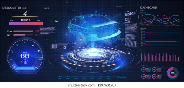 	
Futuristic car user interface. HUD UI. Hologram of the car, scanning. Abstract virtual graphic touch user interface. Car service in the style of HUD UX GUI. Virtual graphical interface. Vector 