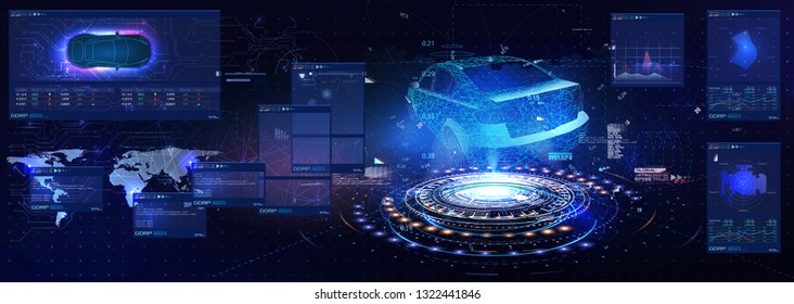 	
Futuristic car user interface. HUD UI. Hologram of the car, scanning. Future abstract virtual graphic touch user interface. Car service in the style of HUD UX GUI.Virtual graphical interface.Vector 