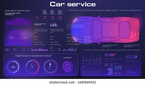 Futuristic car user interface. HUD UI. Hologram of the car, scanning. Abstract virtual graphic touch user interface. Car service in the style of HUD